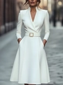 Detail of elegant white V-neck dress with long sleeves and a matching metal buckle belt - S / Dresses / White