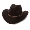 Dark brown wool felt cowboy hat with braided band and leaf metal ornament - One Size 58cm / Leaf Belt / Coffee