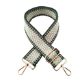 Macro view of wide geometric woven strap with emerald diamonds and gold metal hooks - Dark Green Light Blue