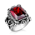 Anello vintage da uomo in acciaio inossidabile con grande pietra rossa rettangolare - Taglia US 7 / Rubino