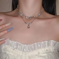Silver double-layer necklace with heart and teardrop pendants worn by a model - 7# Rhinestone Heart Water Drop Double Layer Necklace