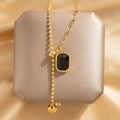 Titanium steel necklace featuring a black rectangular stone pendant on a gold chain - Gold Adjustable Geometry