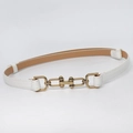 Women's slim white PU leather belt with elegant gold horsebit buckle for dresses - White