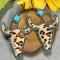 Bohemian bull head earrings with leopard print fur, turquoise stone, and silver beading - Yellow Leopard