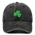 Vintage washed denim baseball cap with green Irish clover embroidery on white background - Adjustable / Black