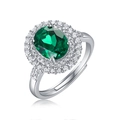 Elegant 925 silver open ring featuring an oval green emerald and double halo diamonds - R13268 Emerald Oval 7*9mm / Adjustable Open