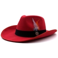 Detail of red wool felt cowboy hat with black grosgrain band and vintage feather ornament - M (56-58cm) / Red