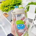 650ml kids cute straw water bottle in cream and blue bear design with carry strap - 650ml / White
