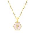 Gold hexagon necklace with pink enamel inlay and letter F pendant for women - Pink Shell F