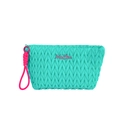 Quilted blue cosmetic bag with pink knot handle and MiloBliss embroidered logo design - Hexagonal Bag / Green