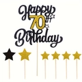 Macro detail of Happy 70th Birthday black and gold glitter cake topper set with stars - 70th Birthday