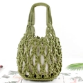 Detail of green handmade woven cotton rope handbag with bohemian mesh and inner lining - Green