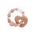 Pink silicone and wooden baby teether bracelet with heart bead and white bow design - Light Pink Teether