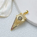 Gold-plated evil eye triangle pendant with colorful cubic zirconia stones on white background - [D3049JC] Gold Triangle Eye