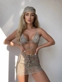 Detailed view of three-piece bikini set with wavy print, drawstring skirt and matching veil - Yellow