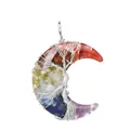 Multicolor gemstone tree of life crescent moon pendant with silver wire wrap finish - 7 Chakras Pendant-Silver-No Chain