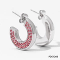 Polished silver-colored C-shaped hoop earrings with double row of pink rhinestones - Silver with Pink Stone (PDE1266)