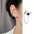 S925 sterling silver bow flower ear cuff with black bead and long tassel chain - Single Right Ear Black Zircon Flower Ear Cuff