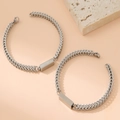 Silver stainless steel wheat chain bracelet with rectangular engravable plate - 17cm / Silver
