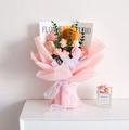 Handmade knitted sunflower and tulip bouquet in pink wrapping for desktop decor - Sunflower Mixed With Pink