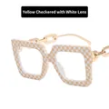 Square eyeglasses in yellow checkered pattern with gold chain metal temples - Yellow Checkered Clear Lens