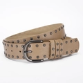 Vintage bruine punk lederen riem met dubbele rij metalen klinknagels en brons gesp - 107*3.3CM / Khaki