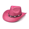 Roze pailletten cowboyhoed voor dames met een zwarte band en zilveren details - M (56-58cm) / Rozerood