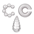 Detailed view of silver C-shaped ear cuffs with water drop texture and metallic finish - Spherical / Pleated / Spiral Pendant Set (N-808) / White K / Silver