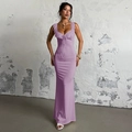 Elegant purple bodycon maxi dress with ruffle detailing and halter neck for summer - XS / Purple