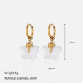 Golden stainless steel hoop earrings with white shell flower and palm tree pendant detail - Flower Palm Tree Style
