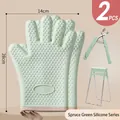 Spruce green heat resistant silicone oven mitts set with heart pattern non-slip texture - 2 Pcs Mitts With Bowl And Plate Clips / Mint Green