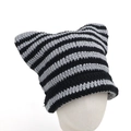 Detailed knit texture of a cat-eared beanie with black and gray striped pattern - M (56-58cm) / Dark Grey