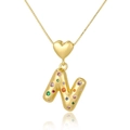 Detail of gold letter N pendant with colorful crystals and heart clasp on white background - Letter N