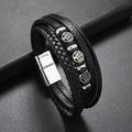 Meerlaagse zwart gevlochten leren levensboom armband met zilveren magnetische sluiting - Zwart