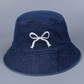 Detailed close-up of white bow embroidery on navy blue denim bucket hat with washing texture - M (56-58cm) / Dark Blue