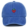 Close-up of strawberry embroidery detail on washed cotton denim baseball cap - Adjustable / Sapphire Blue