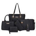 Black 6-piece set of lychee pattern leather tote bags with elegant gold metal hardware - Black