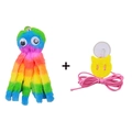 Hanging cat toy set featuring rainbow plush octopus and yellow cat suction cup mount - Orange Octopus Cat Toy