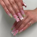 Detail of pink gradient press-on nails with 3D flower charms and rhinestone accents - K023【24pcs】 / Boxed (jelly Gel + Granules)