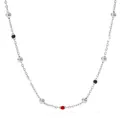 Bohemian silver necklace featuring minimalist round metal beads and a vibrant red pendant - Platinum Black White Red Beads (PCD798)