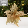 Golden 26cm artificial velvet Christmas flower with sparkling sequins and 29cm stem - Gold