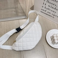 White quilted faux leather waist bag with adjustable strap and gold zipper accents - Diamond Pattern / White