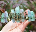 Detail of fluorite crystals and bronze butterfly filigree on a vintage crown - Butterfly Raven Skull Style / Green Fluorite/Antique Bronze Wire