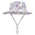 Detail view of floral sun hat with adjustable chin strap and breathable wide brim - S (48-50cm Head Circumference) / Purple Flower