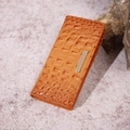 Elegant tan crocodile texture long wallet for women with decorative gold metal bar detail - Orange
