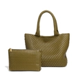 Olive green woven leather tote bag with matching zipper pouch in minimalist retro style - Mustard Green