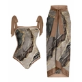 Dreiteiliges Bikini-Set mit braunem Marmordruck-Body und passendem langem Wickelrock - S / Oberteil Und Unterteil / Tintenbraun-Serie