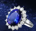 Luxury oval blue sapphire ring with 18K white gold and surrounding diamond halo - Sapphire [white Gold] Ljz-150 / Adjustable Open