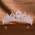 Elegant bridal crown in silver finish with pink crystal droplets and teardrop gemstones - Silver Half Pink