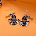 Halloween cartoon wizard cat earrings with black enamel hat and orange beads on orange backdrop - FX176 (Wizard Cat Design)
